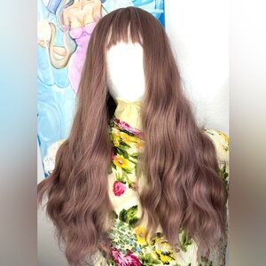 Long wavy banged off purple wig with adjustable straps